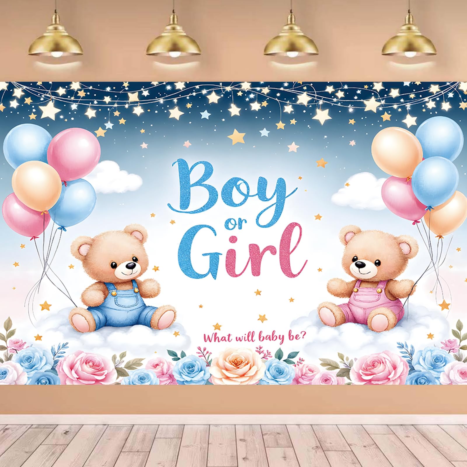 Pink and Blue Gender Reveal Background Banner Boy Or Girl Background Banner Gender Reveal Party Decoration Balloon Cloud Bear Pregnancy Announcement Backdrop for Baby Shower Decoration 180 x110cm (E)