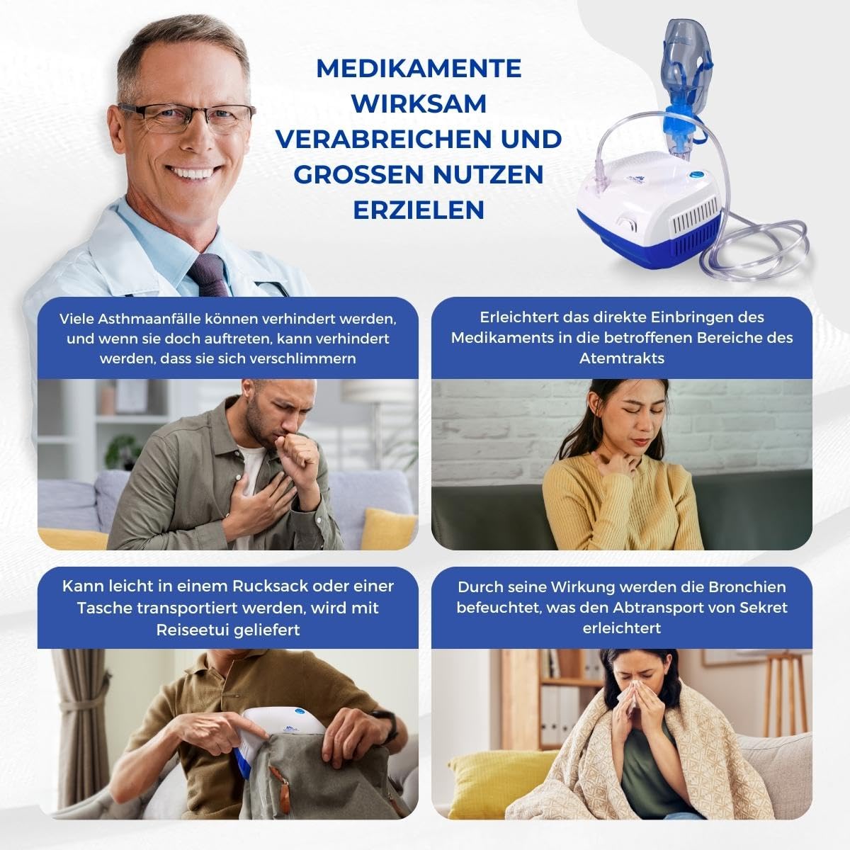 Mobiclinic®, Kompressor-nebulizer, Neb-2, Tragbar, Für kinder und erwachsene, Transporttasche, Mini, Behandlung von atemwegserkrankungen, Masken in verschiedenen größen, 5 luftfilter