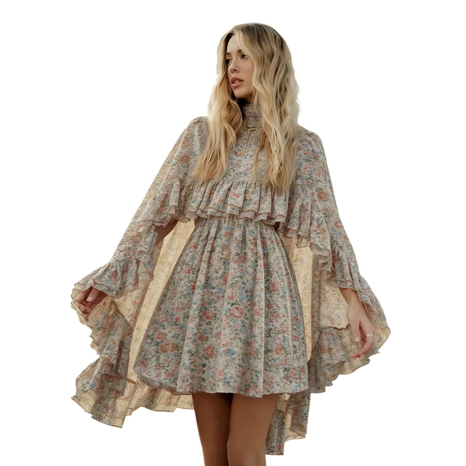 ENGWO Women’s Semi Sheer Chiffon Ruffle Dress with Outer Cape, Poncho Sleeve Flowy Mini Dress, Loose Fit Elegant Summer Dress