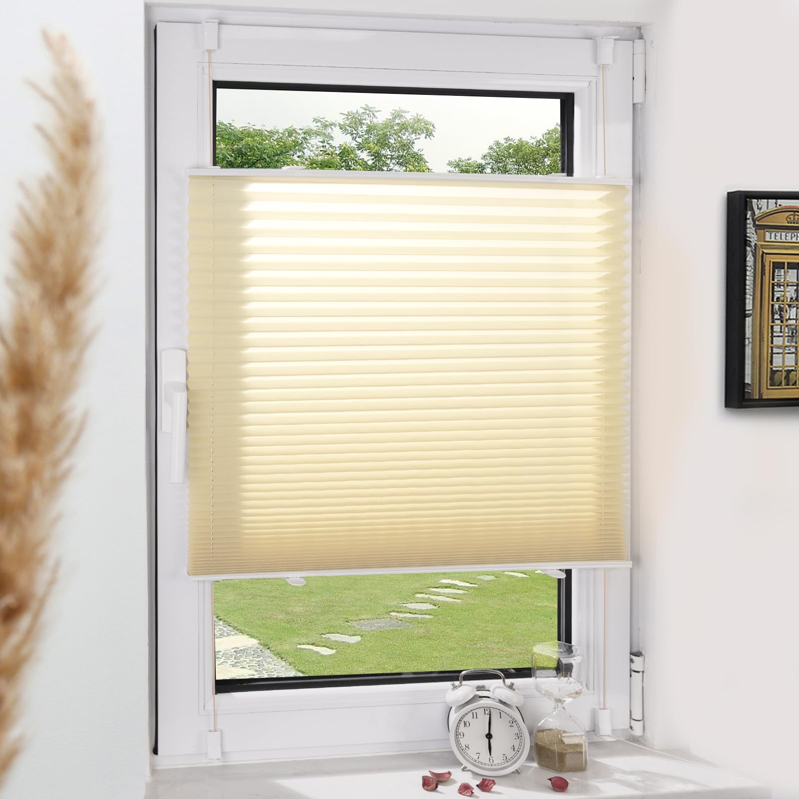 Grandekor Plissee Klemmfix ohne Bohren Creme 60x100cm(BxH) Plissees lichtdurchlässig Blickdicht Jalousien ohne Bohren Fensterrollo Klemmrollos Sonnenschutz Sichtschutz Faltrollo Rollos für Fenster