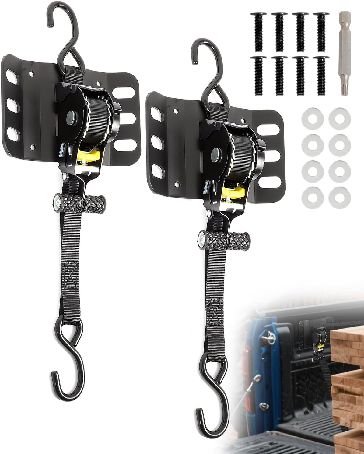 Retractable Truck Bed Ratchet Straps for Ford F150 (2015-2025), 10ft Self-Retracting Tie-Downs with BoxLink Plates Mounted Brackets, Heavy Duty Bolt-On, Secure Cargo, Boats, Motorcycles, and More