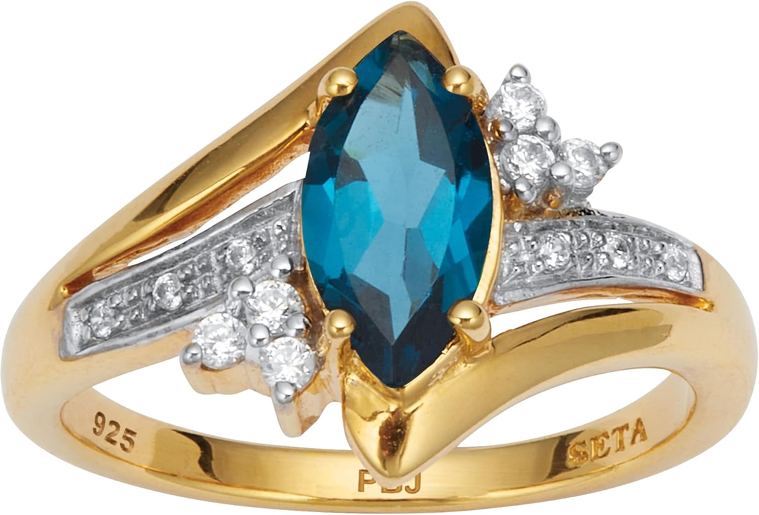 Palm Beach Jewelry Yellow Gold-plated Sterling Silver Marquise Cut Genuine London Blue Topaz and Round Cubic Zirconia Ring Sizes 5-10