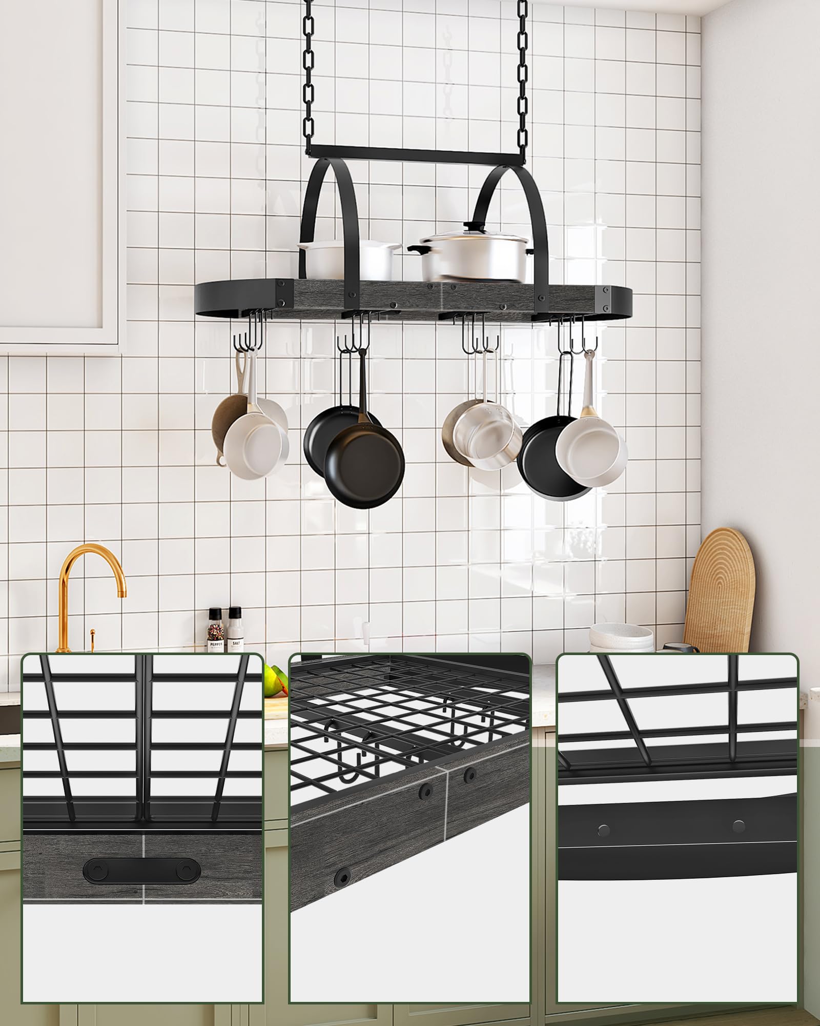 CHOEZON Küchenregal hängend, Küche Topfregal Deckenregal, Hängendes Küchenregal, Küchenutensilien-Organizer mit 12 S-Haken, Küchentopfhalter, platzsparend, Schwarz DTPR08BCC1
