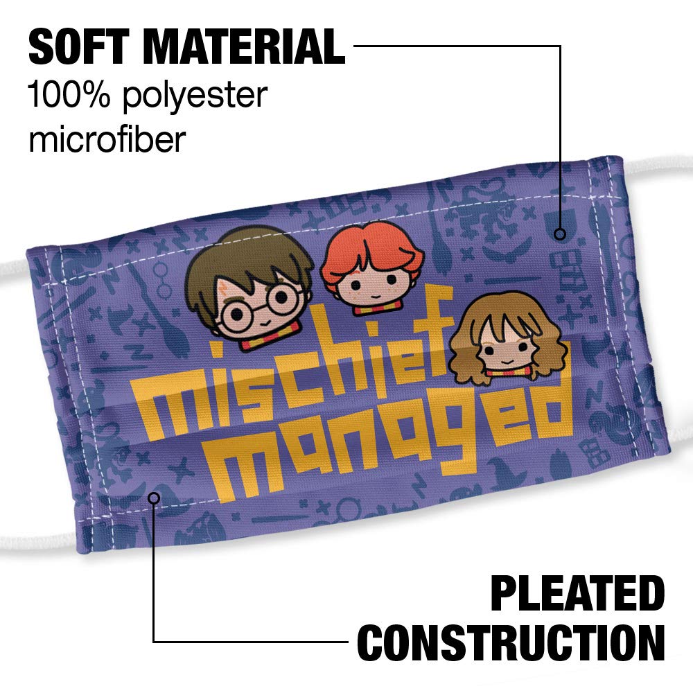 Harry Potter Mischief Managed Chibi 1-Ply Reusable Face Mask Covering with Adjustable Nose Wire, Unisex