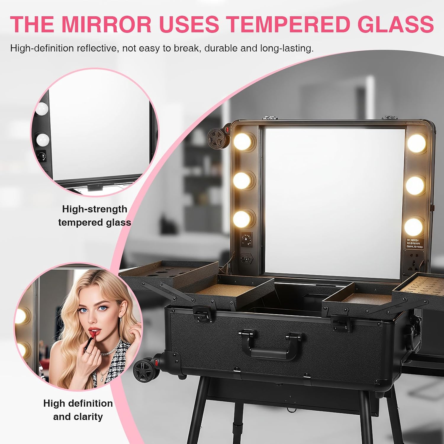 Rolling Makeup Train Case with Mirror and Lights Professional Cosmetic Travel Box Mobile Barber Stations with Bluetooth, Speaker, Wheels, Stands
