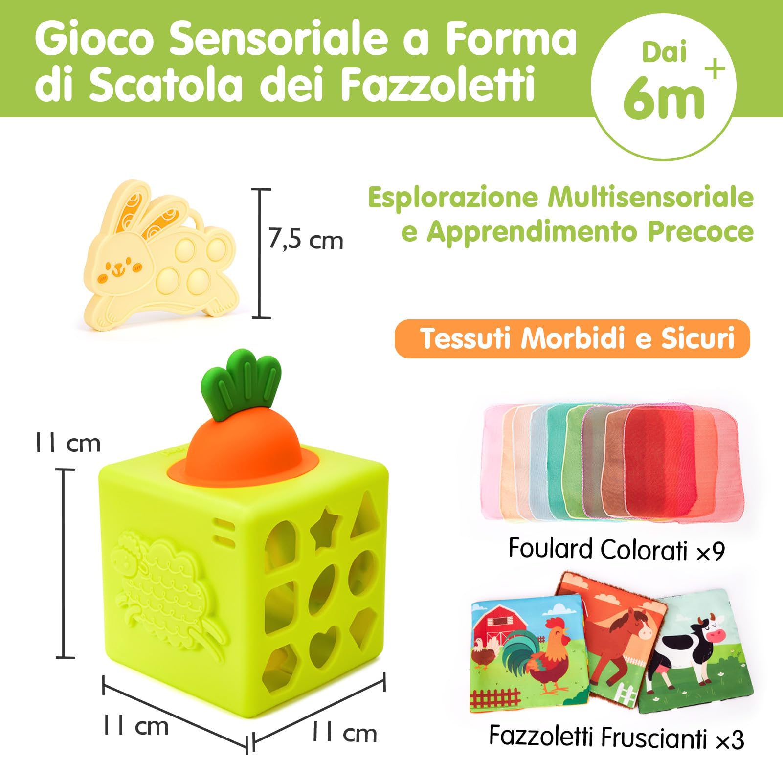 hahaland Giochi Neonato 6 Mesi, Scatola di Fazzoletti in Silicone Sensoriali Neonati Montessori, 6-in-1 Cubo attività con Trame e Specchio, Regalo Educativo Bimbo Bimba 6-12 Mesi