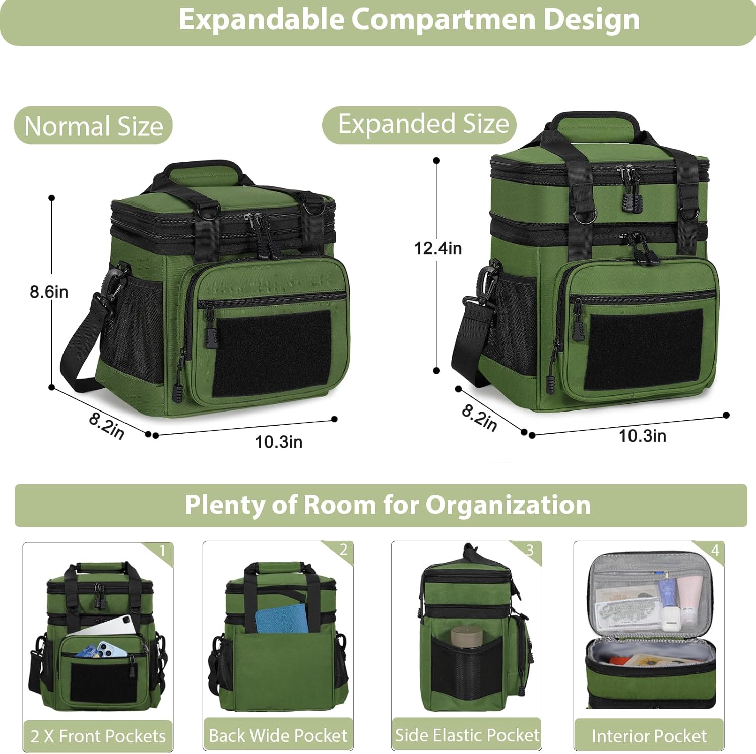 Double Deck Insulated Lunch Box, Expandable Large Lunch Bag Leakproof Cooler Bag Lunch Pail for Men Women Adults Work Shifts Travel Daytrip,16L,Army Green - Image 3