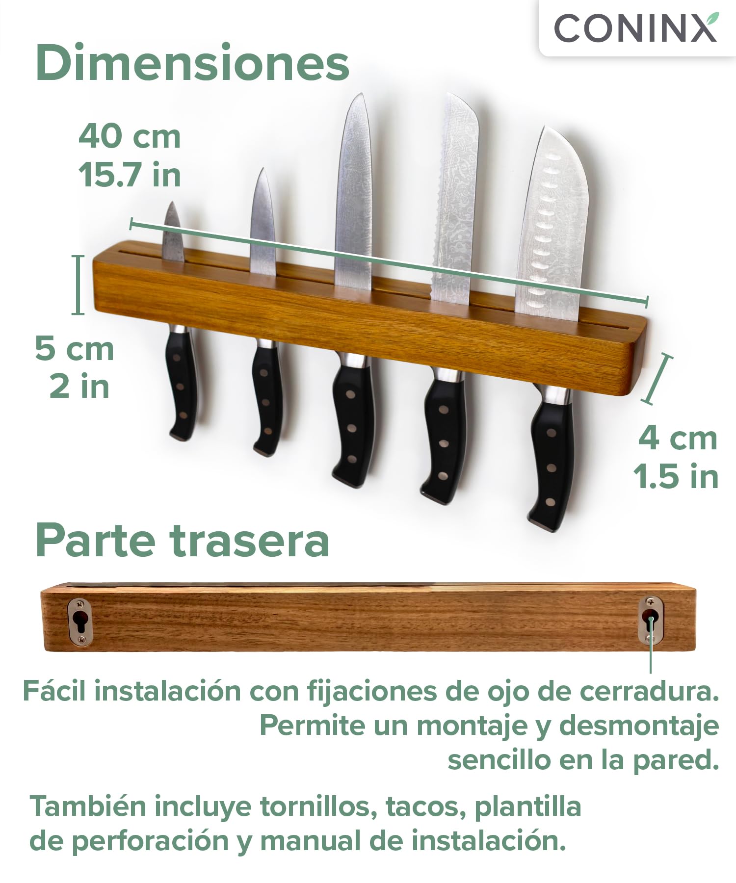 Coninx Barra magnética de pared doble imán de madera de acacia - 40 cm portacuchillos con tornillos y tacos - Carril imán potente para utensilios de cocina elegante y ahorro de espacio