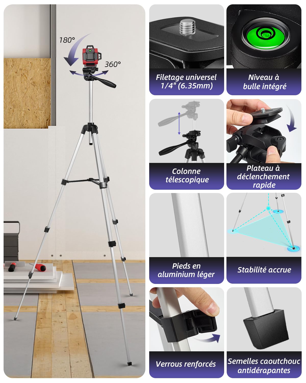 Trépied en aluminium léger 137 cm pour niveau laser, équipé d'un niveau à bulle vert, d'une vis 1/4 de pouce et d'une rotule 3D pour le nivellement précis des lignes laser, Argent