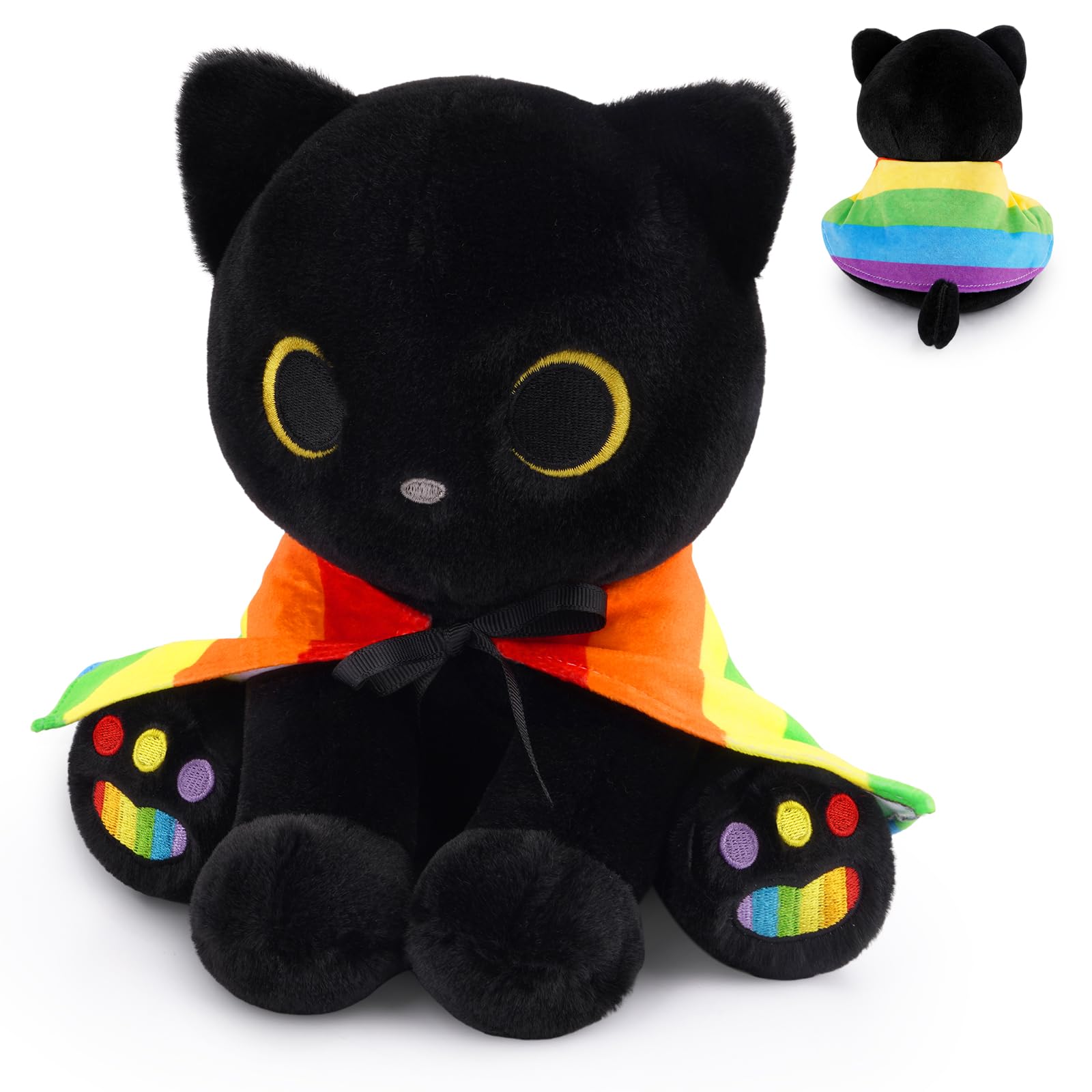 Gatto nero peluche Pride Month Gifts Decor, 20,3 cm carino gatto farcito animale con mantello arcobaleno rimovibile, abbracciabile Kawaii LGBTQ+ regalo per amici, amanti e alleati