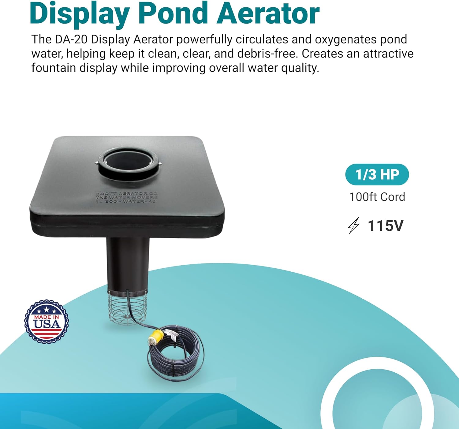 Scott Aerator DA-20 Display Pond Aerator - 1/3 Horse Power 115V 100ft Cord | Aerating Pond Fountain for Up to 3/4 Acre | Pond Aerator Pump for Small Ponds | Pond Aeration System | Made in USA