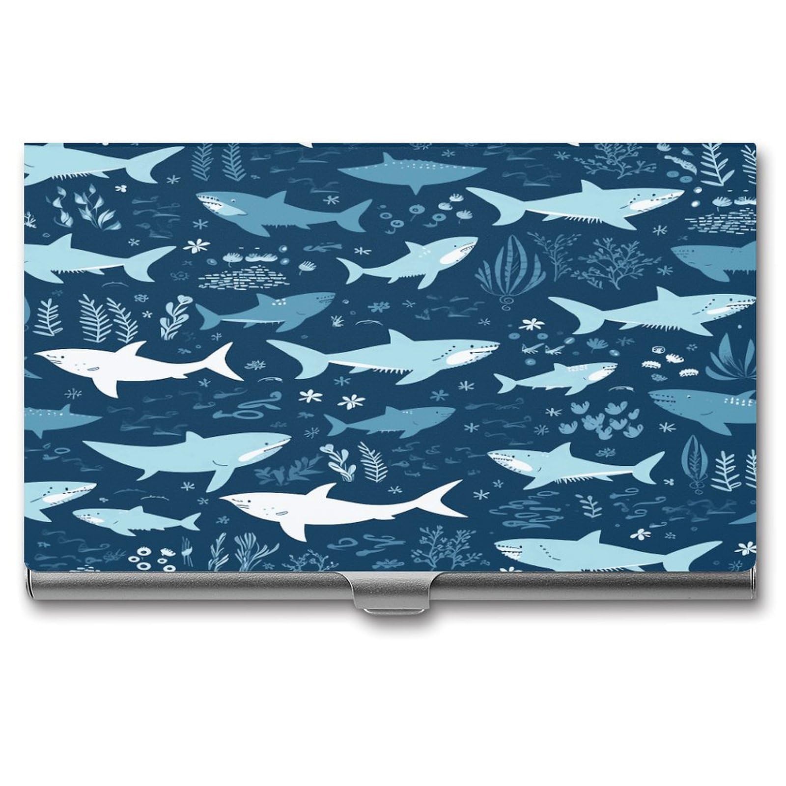 LDGSUPH Sharks Business Card Holder Fashion Slim Name Card Holder Minimalist Design Case Metal Card Carrier Personalized Business Card Case with Flip for Men Women