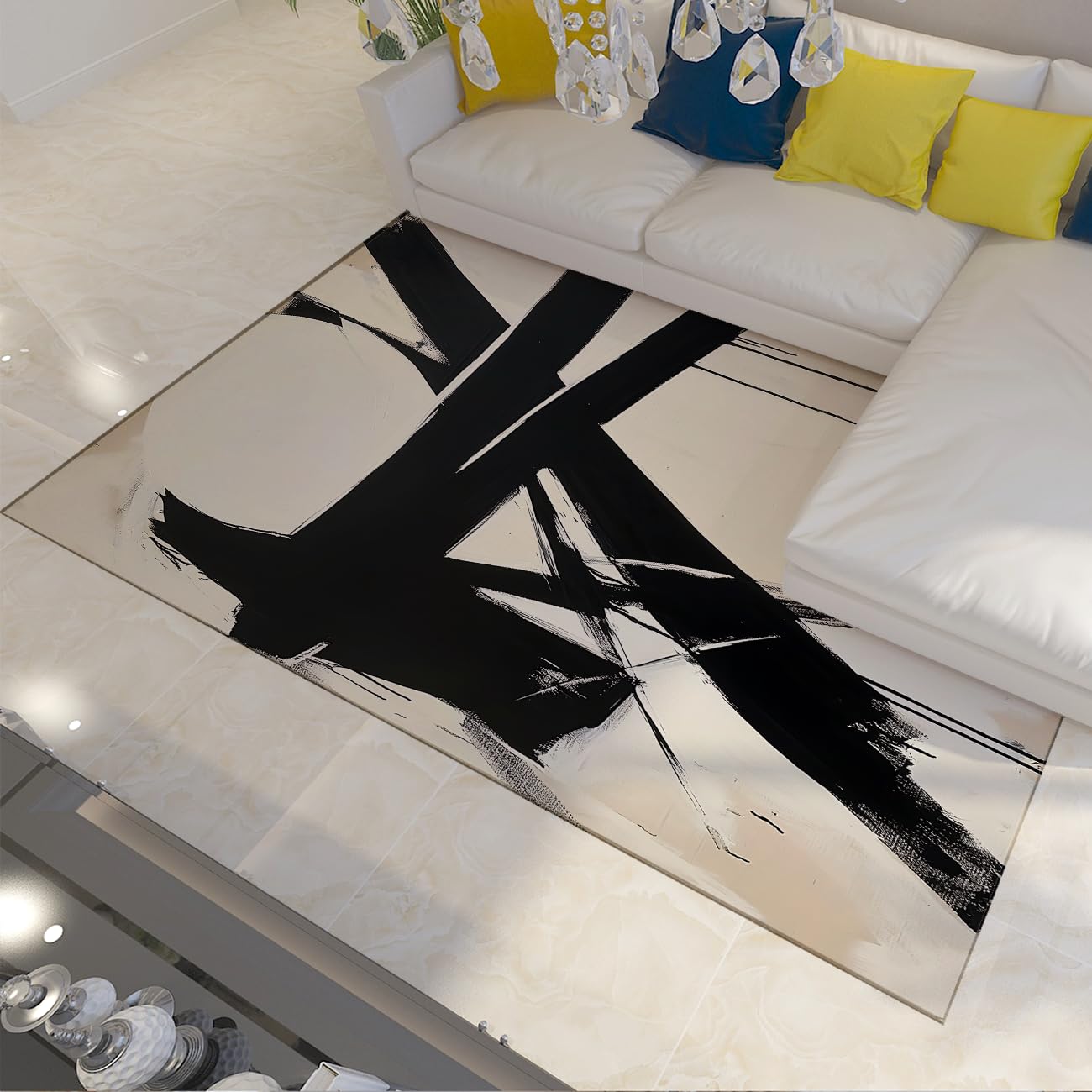Tapis lavable 140x200cm antidérapant avec motif de graffiti abstrait noir et blanc pour cuisine