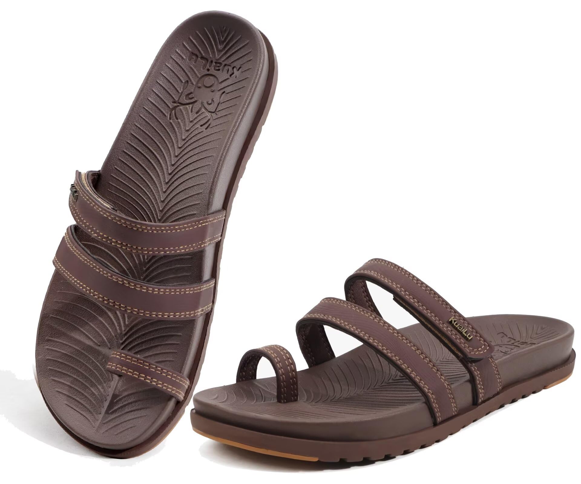 KuaiLu Womens Slides Sandals with Plantar Fasciitis Arch Support Fashion Comfort Adjustable Flat Sandals Ladies Lightweight Orthotic Slip on Sandals