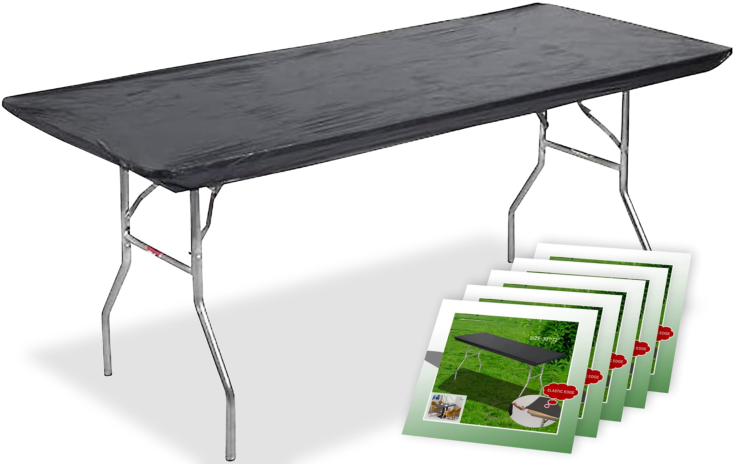 Athle Fitted Plastic Tablecloths - 5 Pack Elastic Table Cover Rectangle - Indoor Outdoor - Waterproof, Windproof PEVA Fitted Tablecloth Ideal for Picnics, Camping, Parties - 30" x 96" - Black