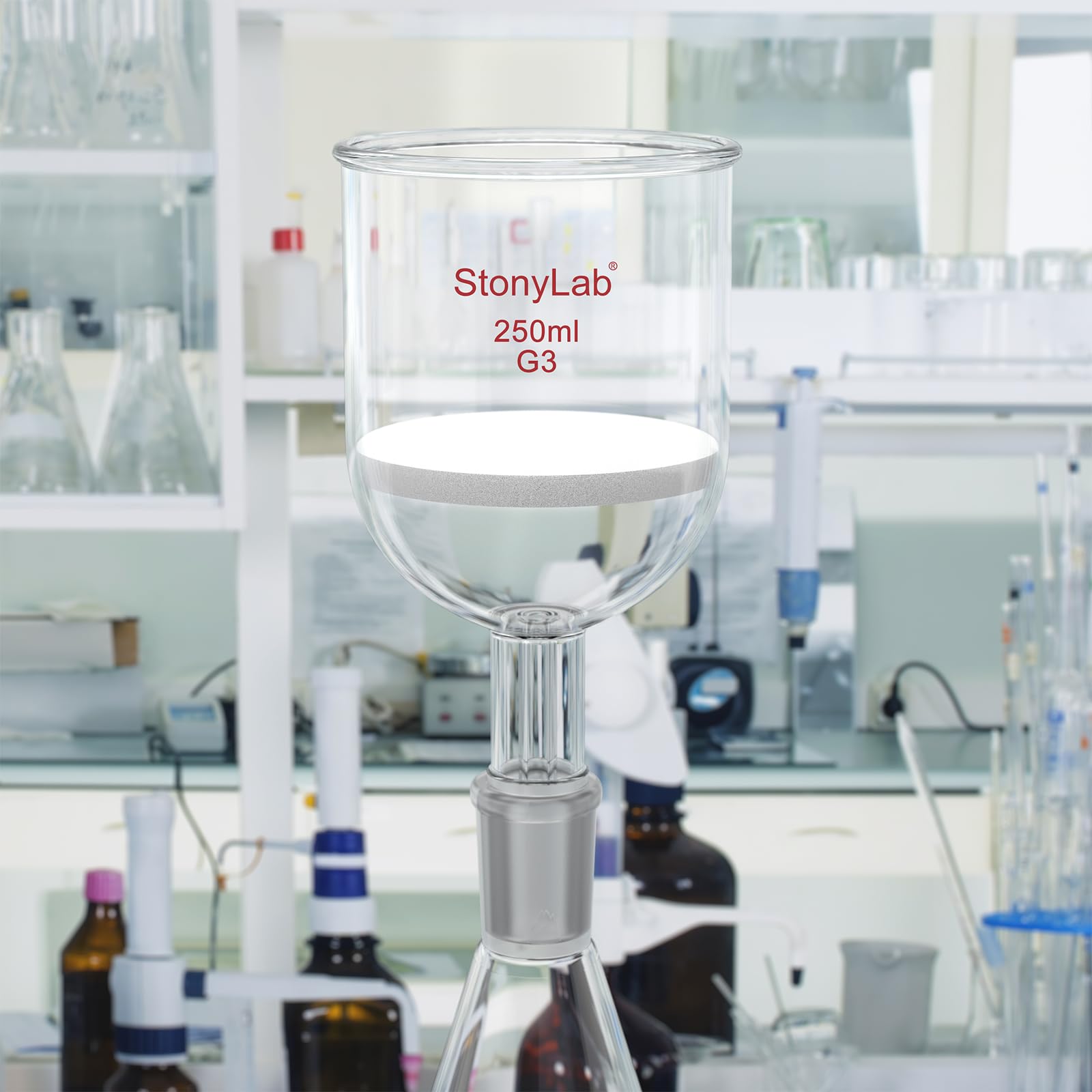 stonyLab Embudo de Filtración Buchner, de Vidrio Borosilicato, con Disco de Filtro Fino (G3) Y Junta Estándar Inferior 24/40, 250 ml