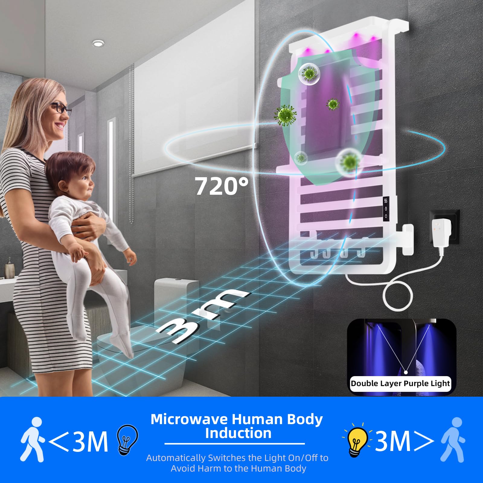 TINS Scaldasalviette Elettrico Termoarredo Bagnocon Conschermo LED e App Portasciugamani Elettrico Temporizzatori e Termostato con Ganci Rimovibili e Aste Appendiabiti Rimovibili- White 49x13.2x78cm