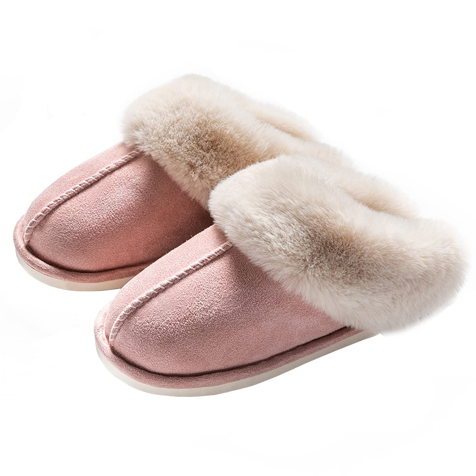 KOWVOWZWomens Indoor House Slippers, Memory Foam Fluffy Slippers, Soft Fur Slip On Slippers, Winter Warm Shoes, Cozy Plush Faux Fur Scuff Slippers, Fluffy Slipper Shoes Rubber Sole