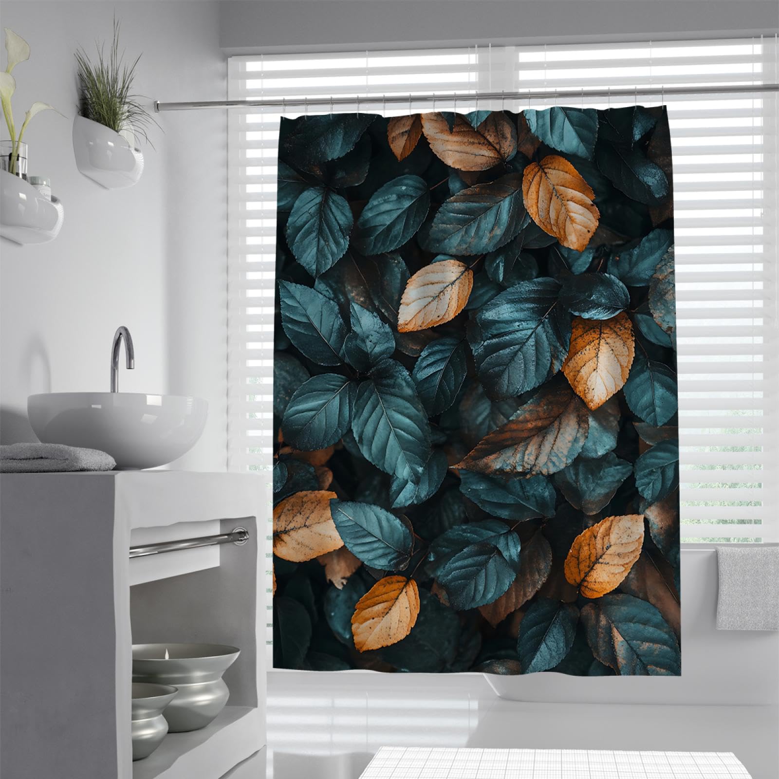 Jesień Botaniczny Zasłony Prysznicowe Tropikalne Liście Zasłony Łazienkowe z Hakami Separacja na sucho i na mokro Bardzo długa tkanina zielona 180 x 200 cm
