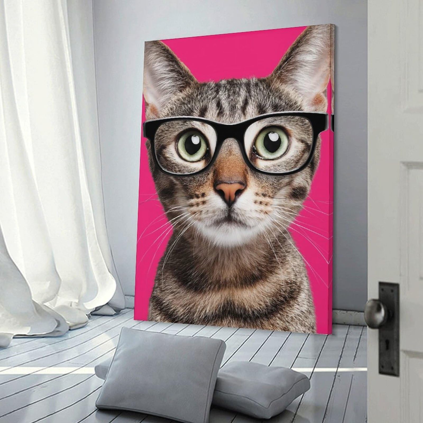 Junmoney Decorative Canvas Print Cat with Glasses on Pink Background, 24x36inch(60x90cm), for Living Room, Bedroom Or Home Office, Home Decor Gift with Stylish Appeal