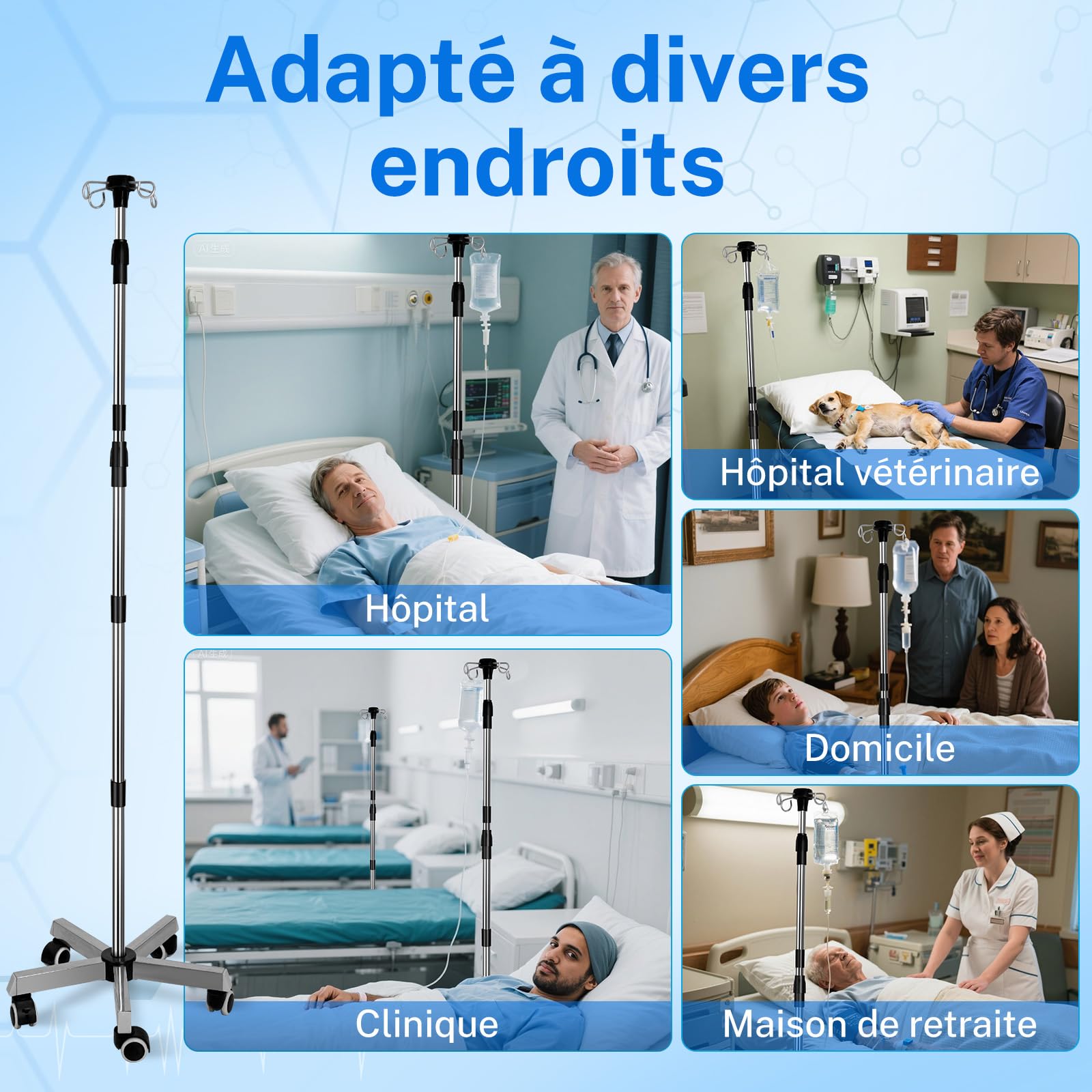 Infusionsständer mit 4 Haken und 5 Beinen, Rollen mit Feststellbremse, Verstellbare Höhe von 164 bis 206 cm, Tragbarer Medizinischer Infusionsständer, Edelstahl