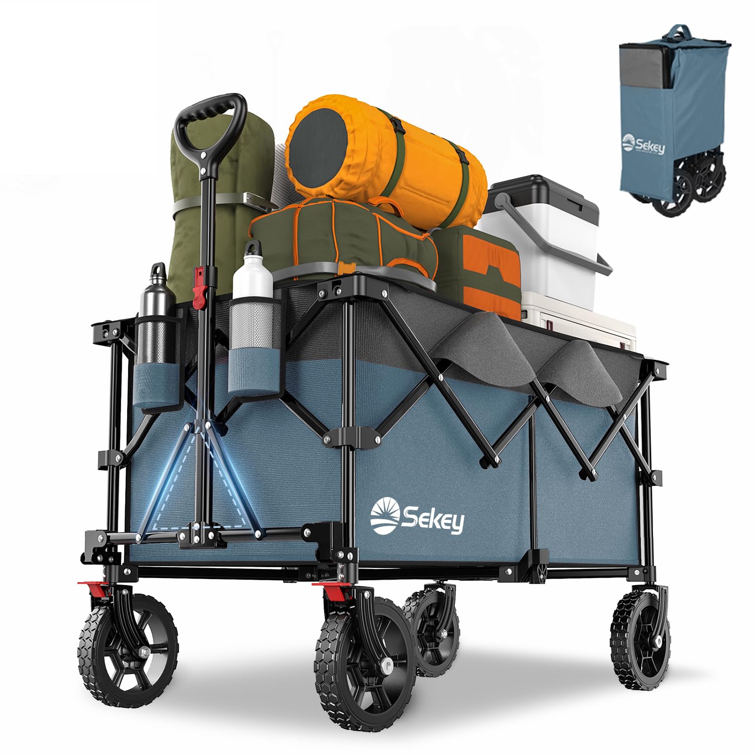 Sekey XXL Plus Bollerwagen Faltbar 200L 200KG Tragkraft, Faltbarer Bollerwagen Geländetauglich mit Bremsen, Handwagen Patentiert Klappbar aus Vier Richtungen, XXL-PlusG 4010, Blau