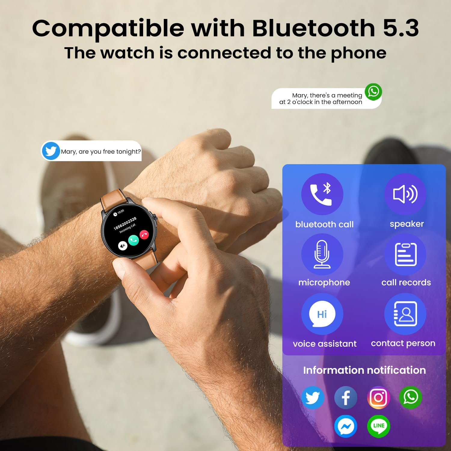 Smartwatch connected to phone via Bluetooth 5.3, showing call and notification features