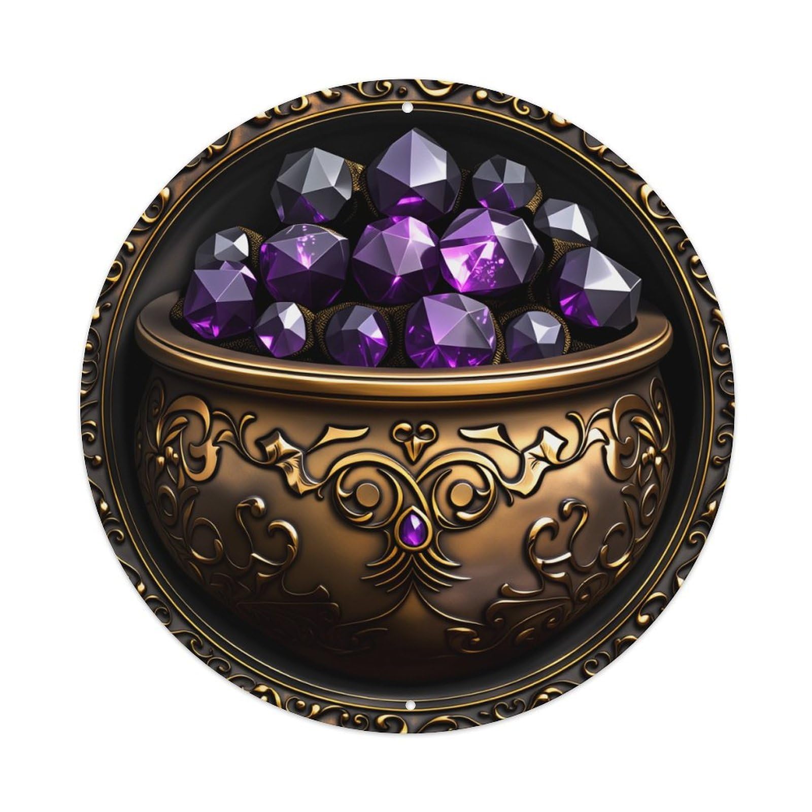 Ornate Gold Bowl With Purple Gems Round Tin Sign Vintage Style Metal Sign Home Bar Garden Wall Plaque Decor Metal Poster 8x8 Inch