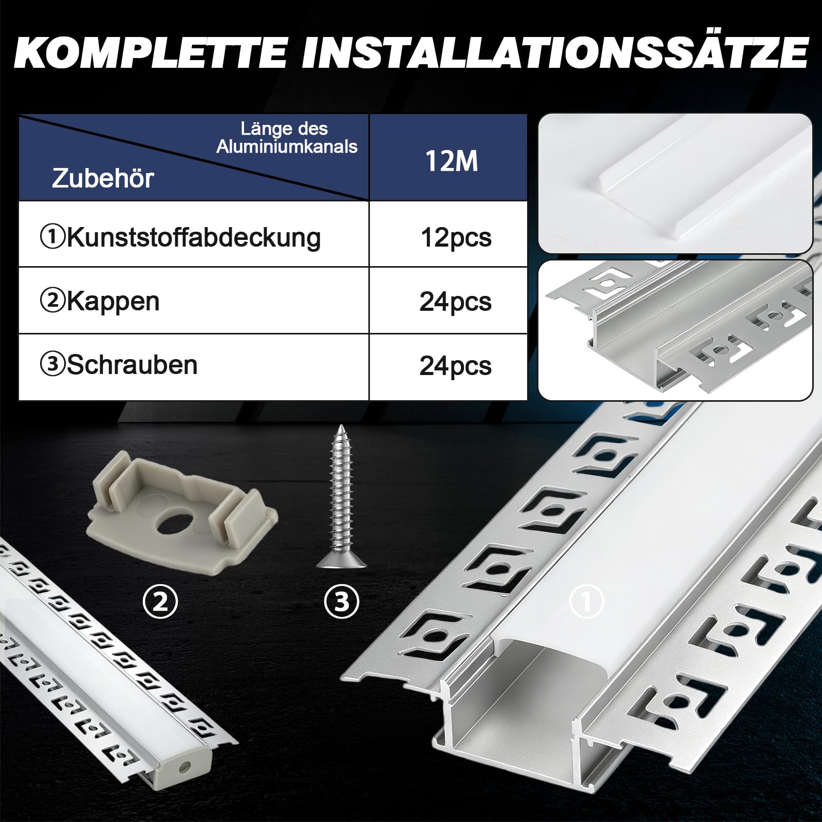 Profilo LED per cartongesso, 12/20 x 1 m (12/20 m), profilo in alluminio per strisce LED fino a 20 mm di larghezza, profilo in alluminio, binario da incasso e diffusore per illuminazione