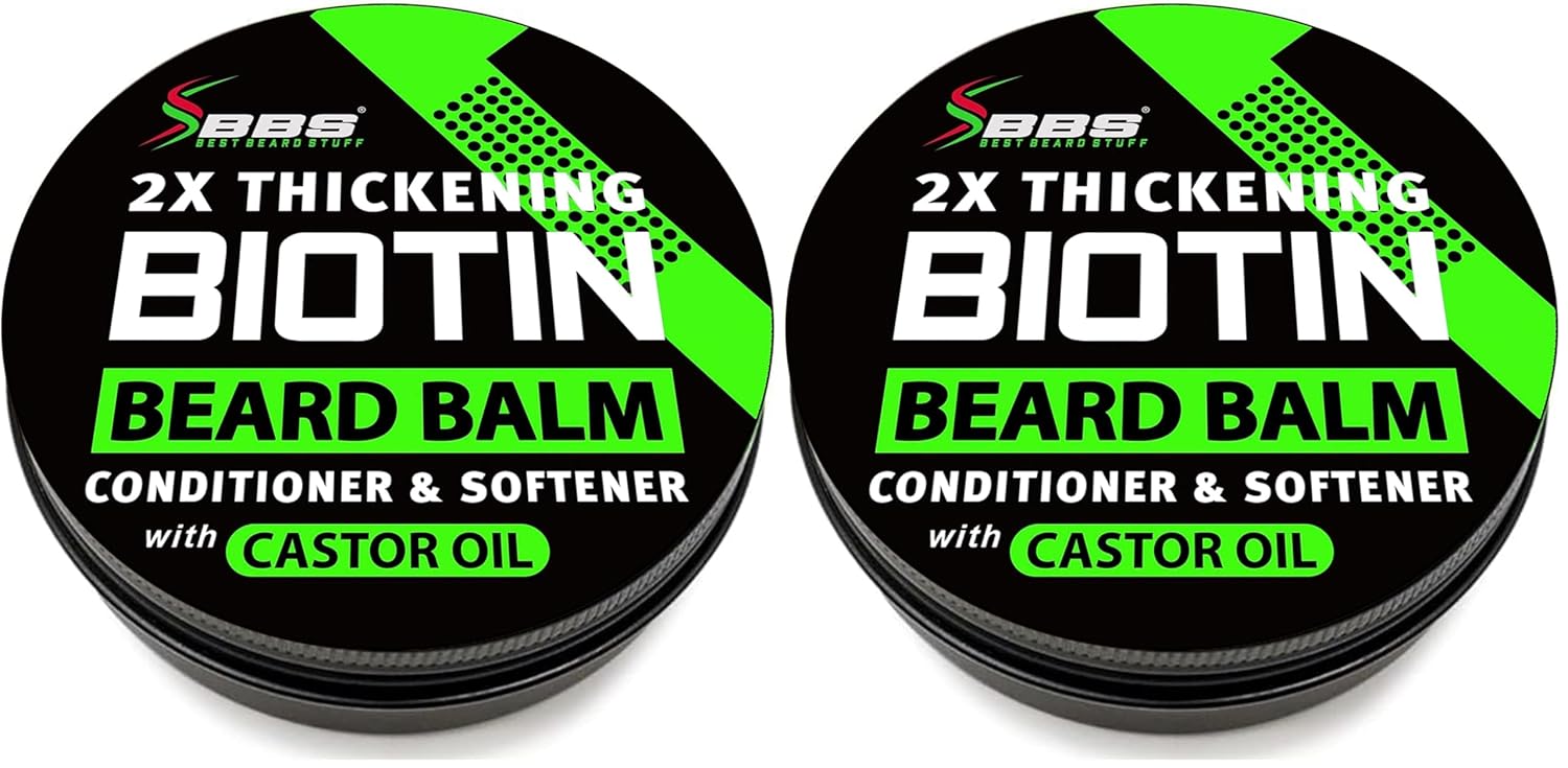 Biotin Beard Balm for Men - 2X Thickening for Beard and Mustache - Organic Mustache Wax with Castor Oil & Meadowfoam – Hydrating Facial Hair Growth Balm & Leave-In Conditioner (Pack of 2)