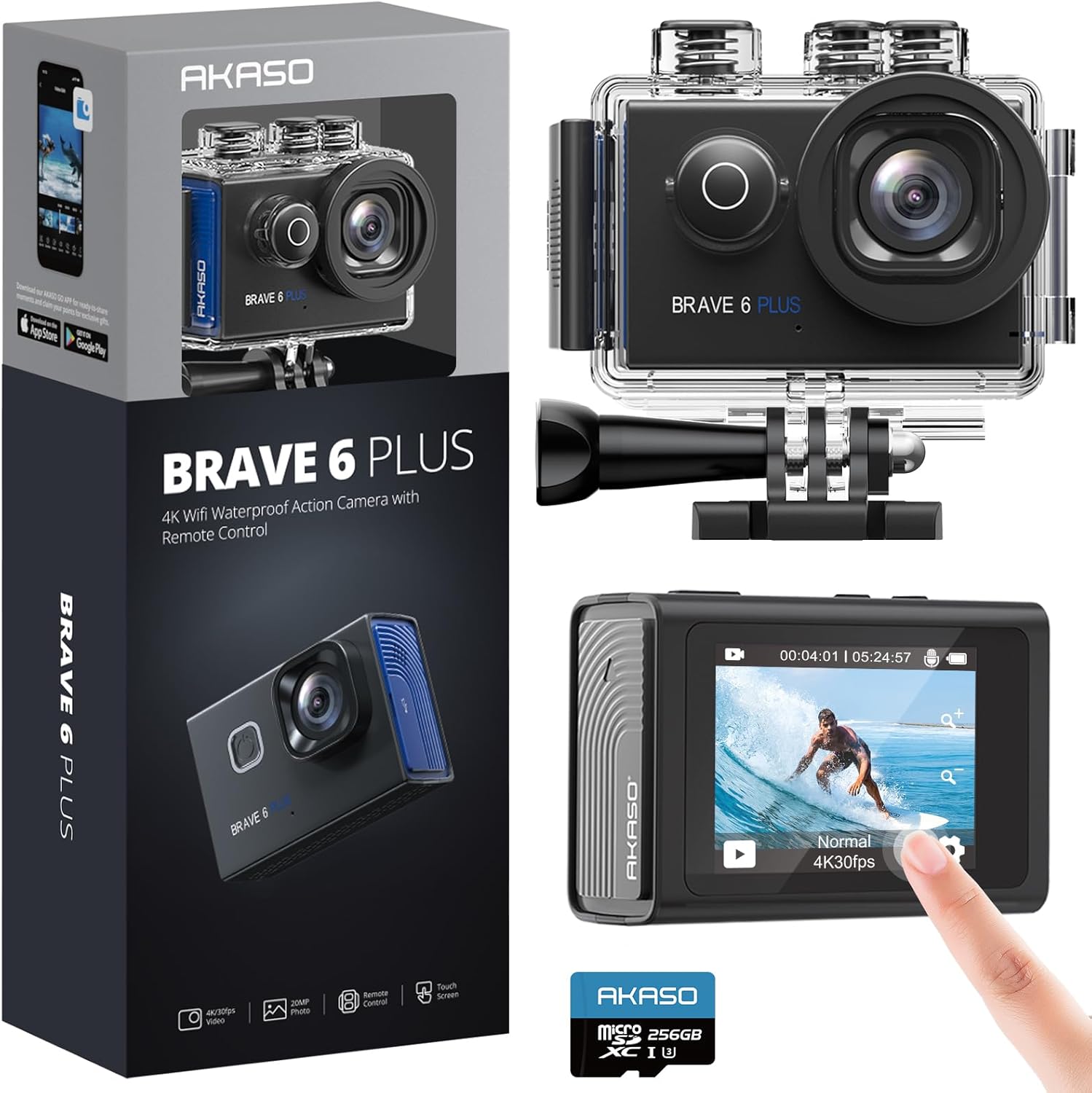 AKASO Brave 6 Plus 4K30FPS 20MP WiFi Action Camera and 256GB microSDXC U3 Memory Card Bundle