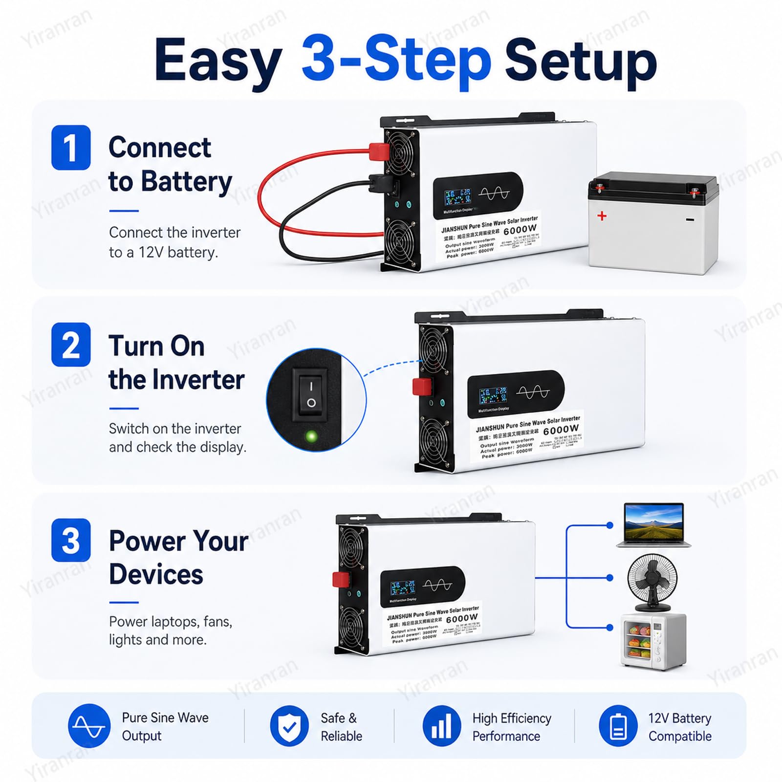 Inverter Ibrido Solare da 6000 W, Convertitore di Tensione Inverter A Onda Sinusoidale Pura Ad Alta Potenza, 3000 W Continui, 6000 W di Picco, Display LCD, Protezione Multipla, 96V