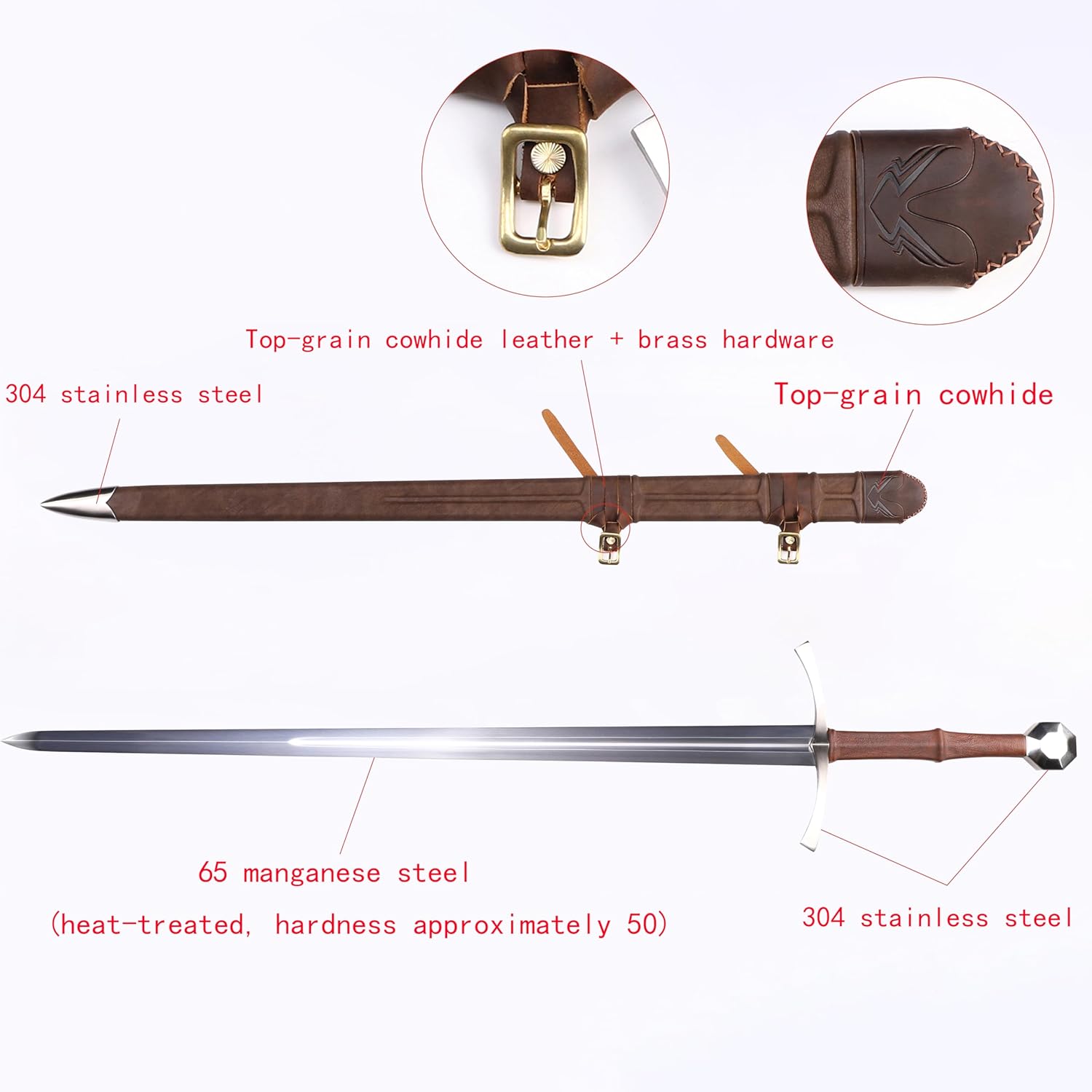 Handmade Cast Sharp Blade Medieval Sword, Full Tang, with Leather Protective Cover,Real Metal Sword for Collection Gift