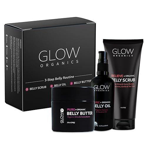 Glow Organics Caja de embarazo, rutina de 3 pasos, kit con exfoliante para el vientre, aceite y mantequilla para estrías, orgánico, cuidado de la