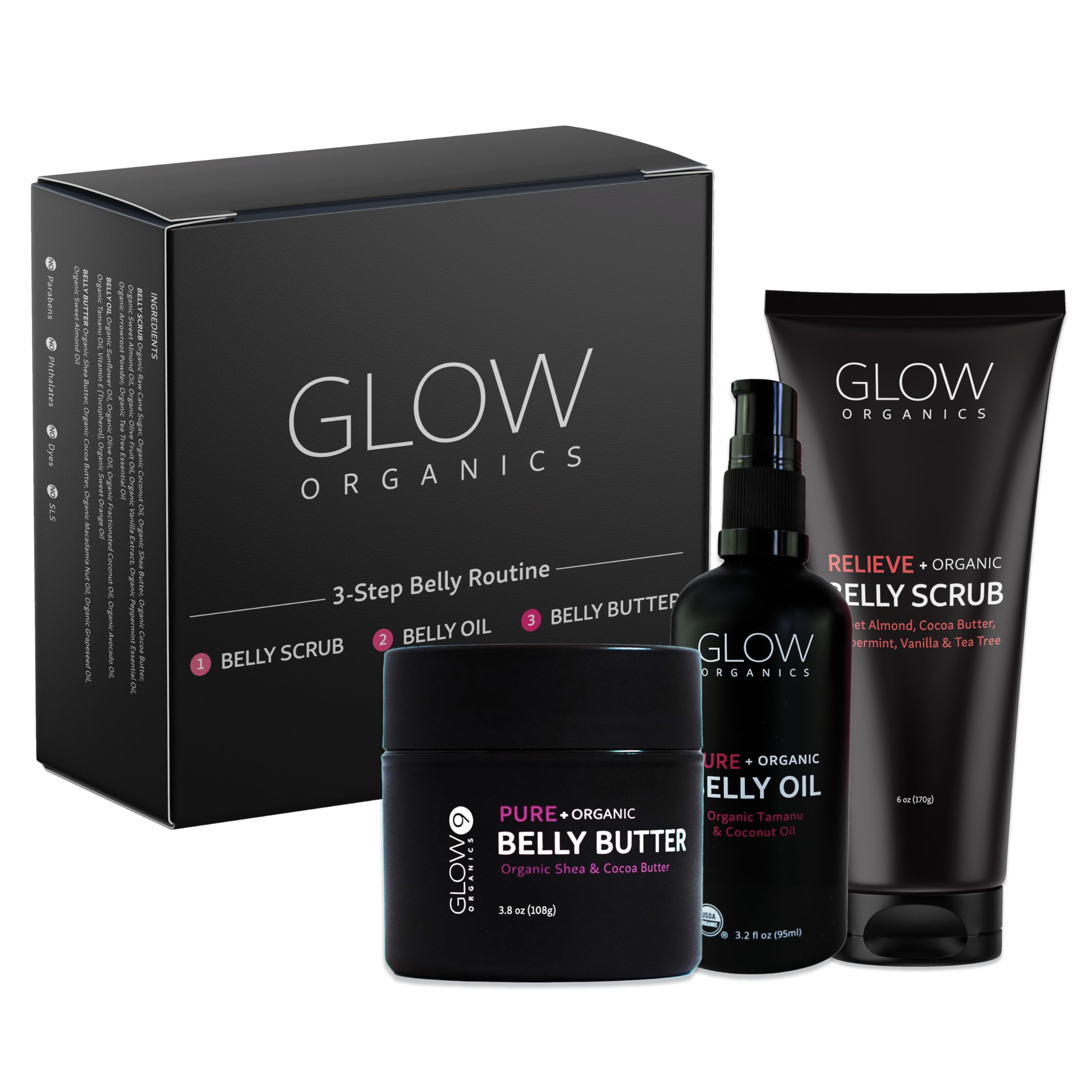 Glow OrganicsStretch Mark Cream Belly Butter, Scrub and Oil, 3-Step Pregnancy Skin Care Kit, Belly Butter for Stretch Marks, Organic, Pregnancy & Baby Registry Must Haves, Mother To Be Gift.