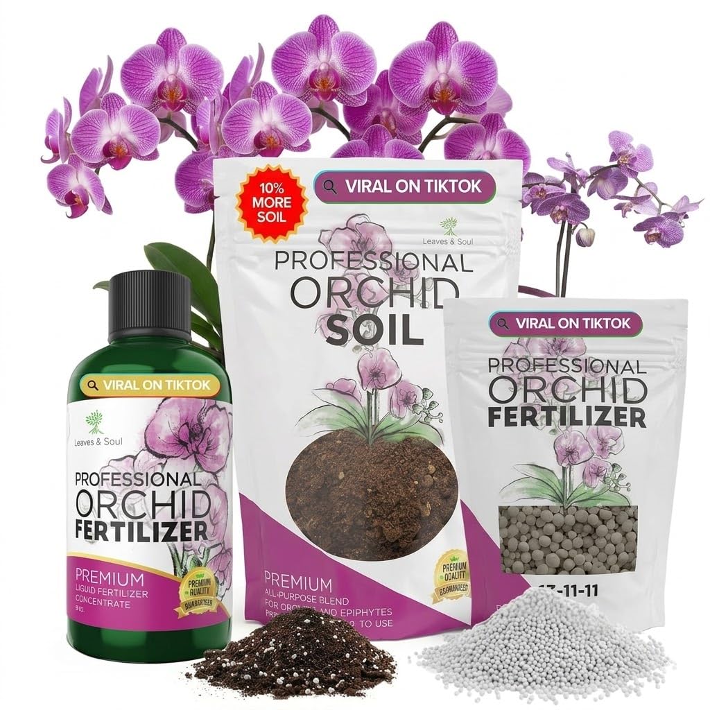 Orchid Care Bundle – 2.2QT Fast Draining Orchid Soil + 8oz Liquid Fertilizer 3-1-2 + Slow Release 13-11-11 Pellets 5.2oz for Healthy Roots & Vibrant Blooms