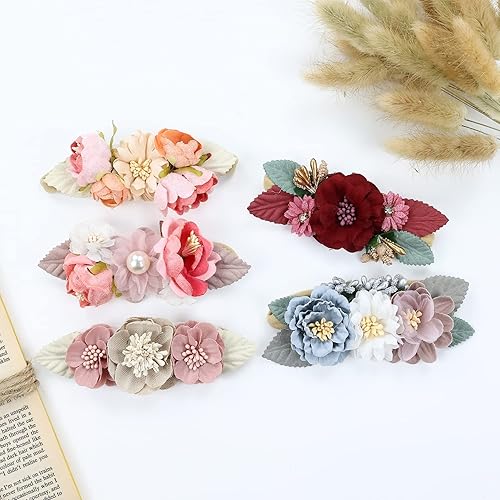 Miniatura 5 de Cinaci Paquete de 5 delicadas diademas de nailon con flores florales, accesorios para el cabello para bebés, niñas, recién nacidos, bebés y niños