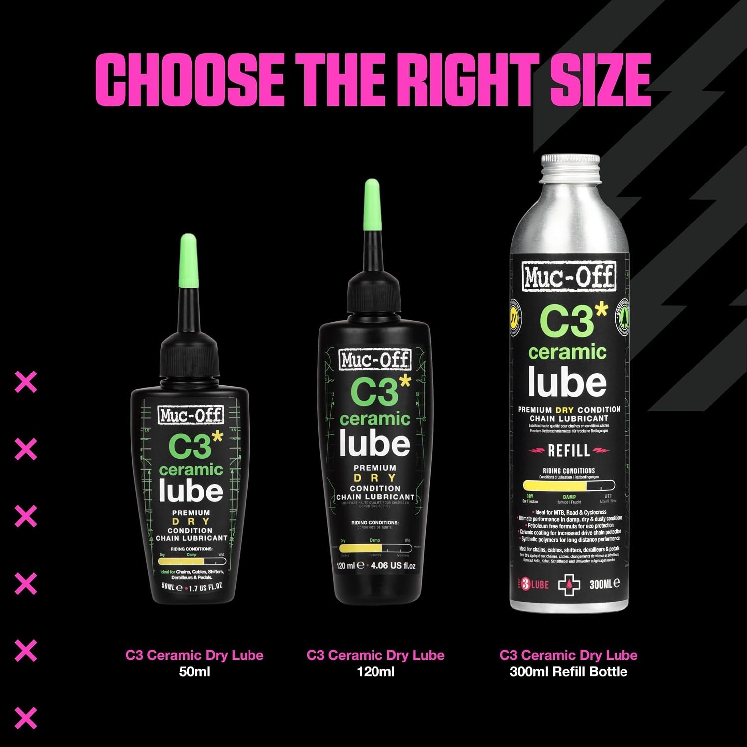 Muc-Off C3 Ceramic Dry Chain Lube, 50 Milliliters - Premium Bike Chain Lubricant with UV Tracer Dye - Formulated for Dry and Dusty Weather Conditions, Green | Nano Ceramic Coating, Up to 250 Miles per Application, UV Dye for Coverage Checks, for Road, Mountain Bike and Gravel