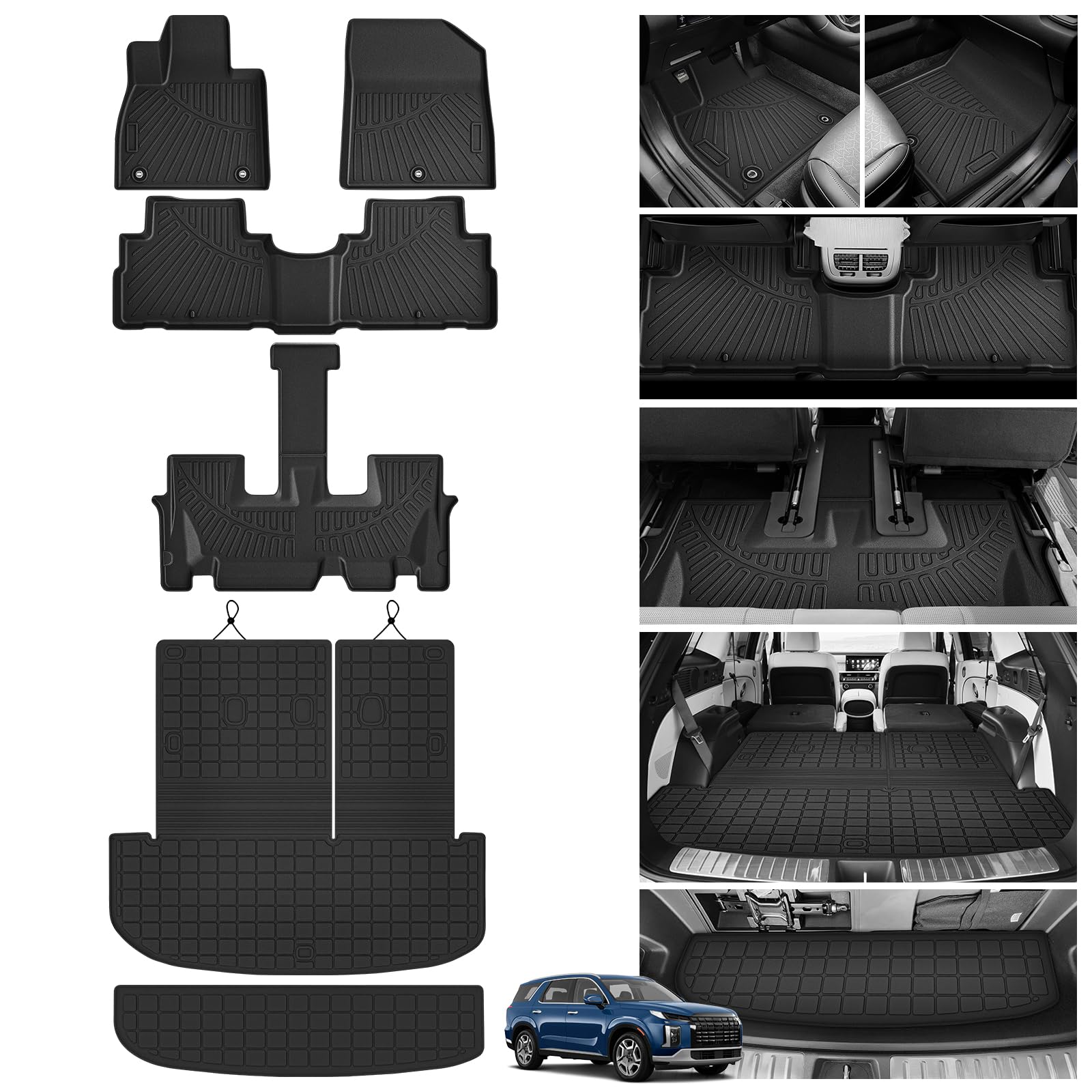 powerty floor mats for 2020-2024 2025 hyundai palisade 7/8 seat car mats, all weather tpe cargo liner backrest mats trunk lower car mat interior protector full set for palisade accessories