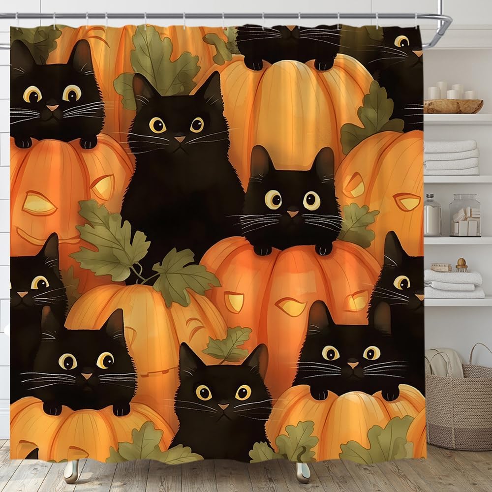 Halloween Shower Curtain Cute Black Cat Pumpkin Harvest Thanksgiving Rustic Farmhouse Fabric Bathroom Decor Set with Hooks,(70" Wx84 H)