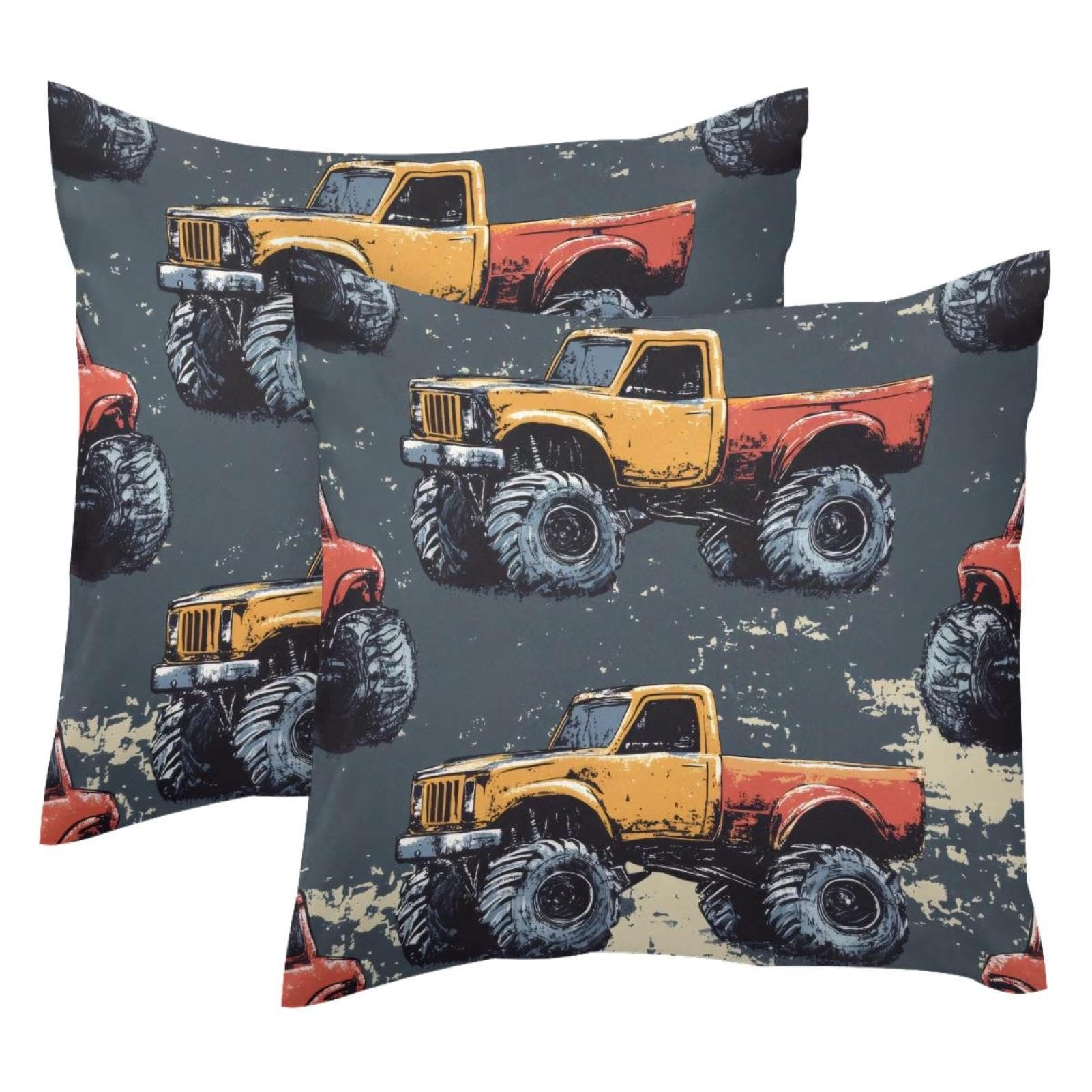 Housses de coussin camion jaune et rouge en velours pour décorer le salon et le canapé