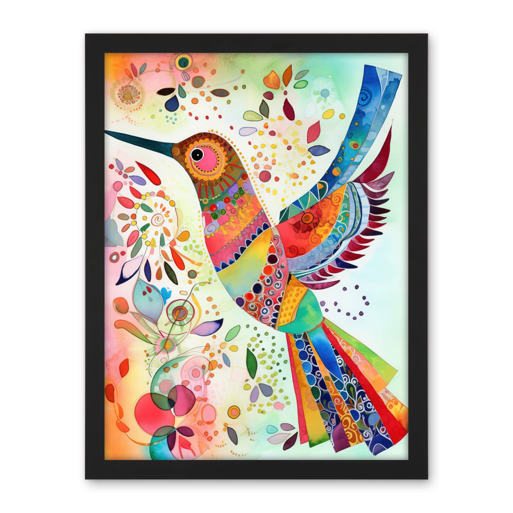 Artery8 Hummingbird With Multicolour Pattern Feathers Folk Art Watercolour Painting Artwork Framed Wall Art Print 18X24 Inch