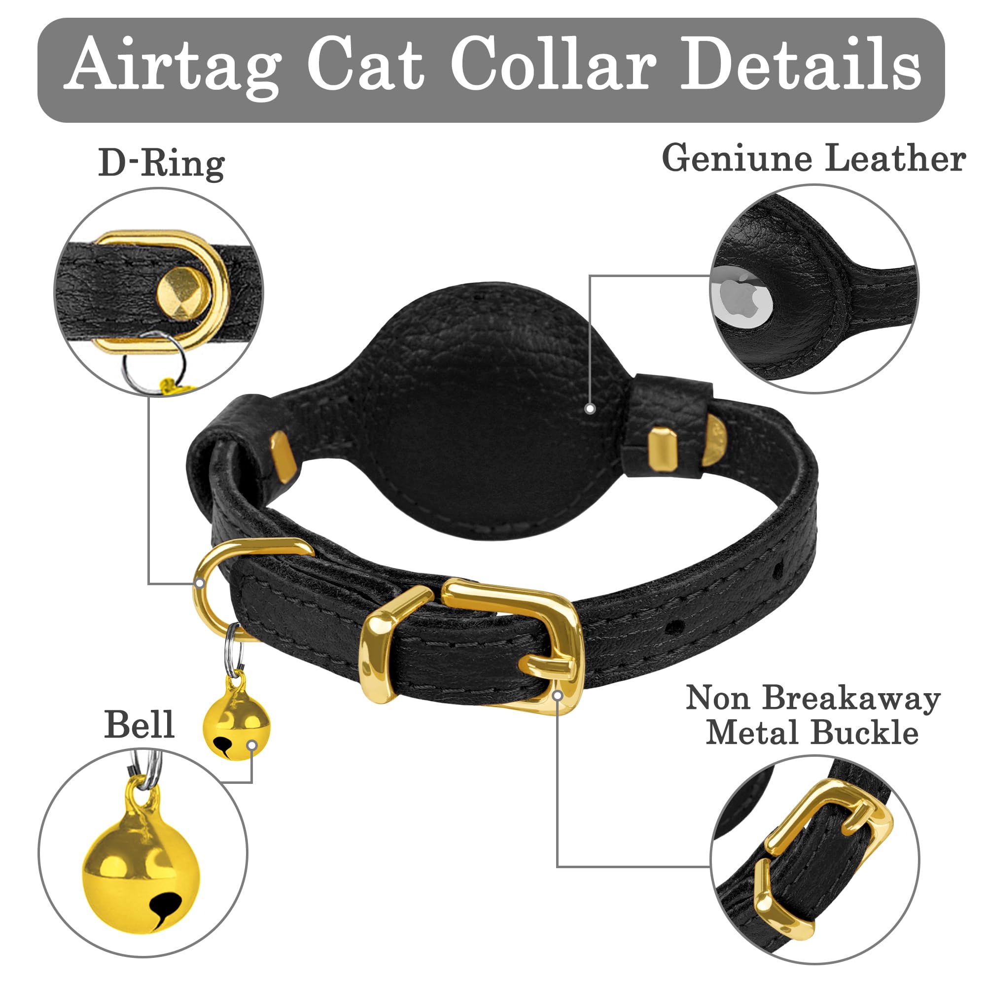 OOPSDOGGY Cat Collar with Bell for AirTag, Non Breakaway Leather Kitten Collar with Apple Air Tag Holder - Image 3