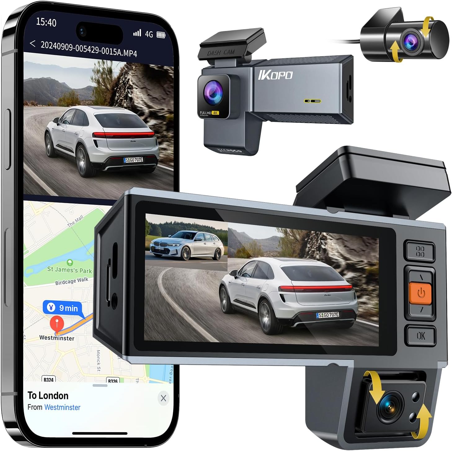 4K Dash Cam Front and Rear and Inside, UHD 2160P Night Vision 3 Channel Dash Camera for Cars, 3.16” IPS Screen Dual Dashcam with Speed Recording, App Control,24H Parking Mode,G-Sensor