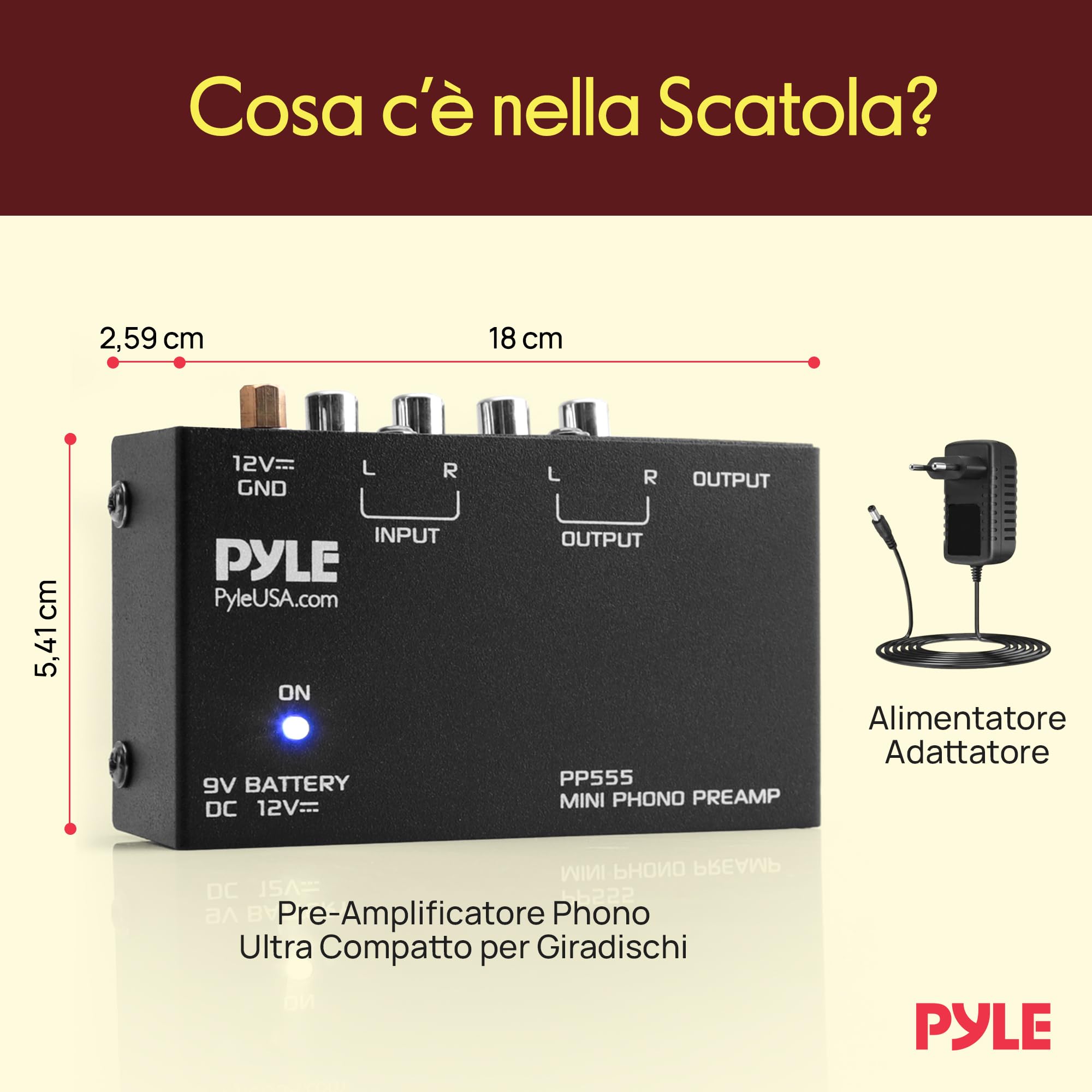 Pyle PP555 Phono Turntable Preamp Mini Electronic Audio Stereo Preamplifier 9V Battery DC 12V RCA Input Output Low Noise Black