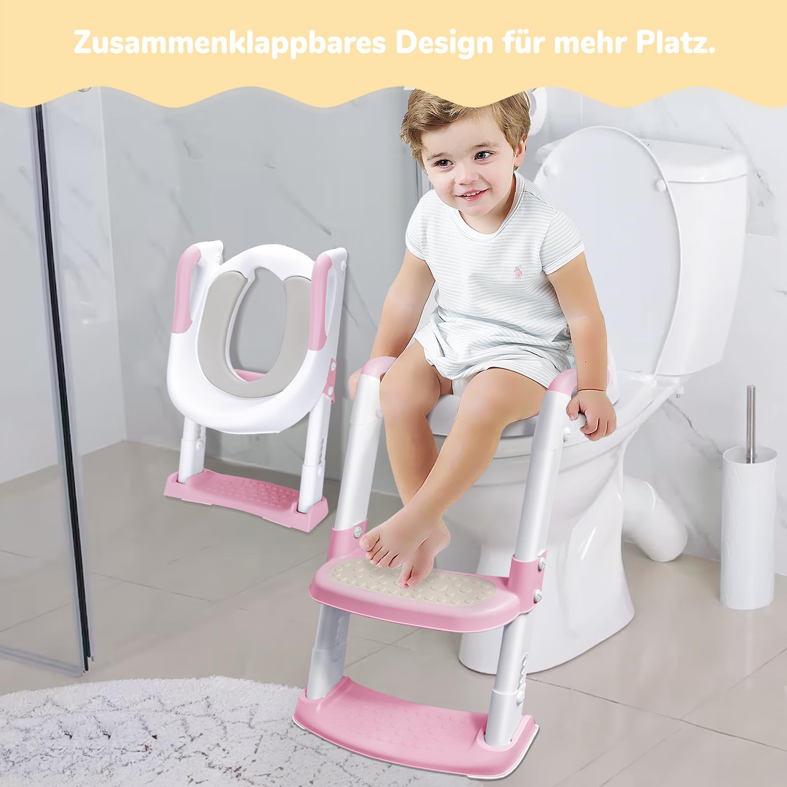 DEANIC Riduttore WC Bambini con Scaletta, Scaletta WC per Bambini Pieghevole, Adattatore wc per Bambini Cuscino morbido PU, Applicabile All'altezza Della Toilette 38-47cm (Rosa)