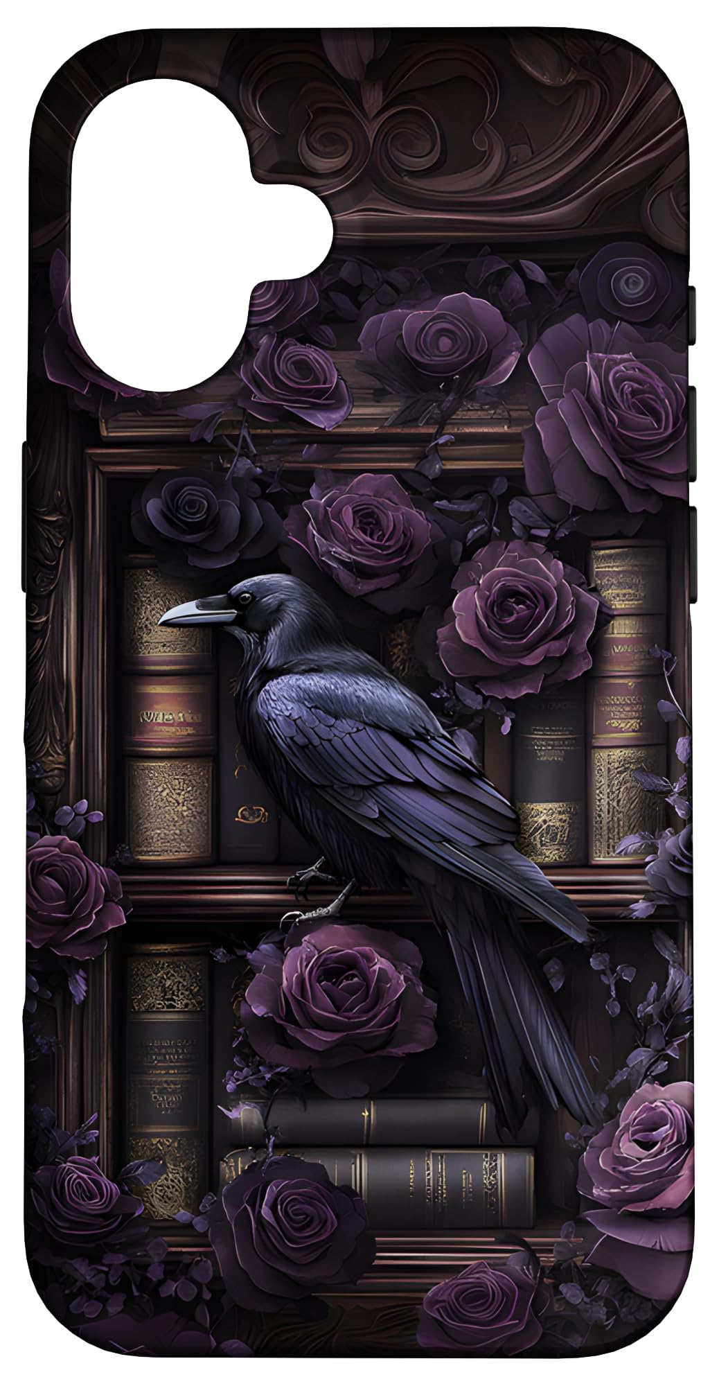 Dark Gothic Bookshelf with Raven and Moody Purple Roses Case for iPhone 16