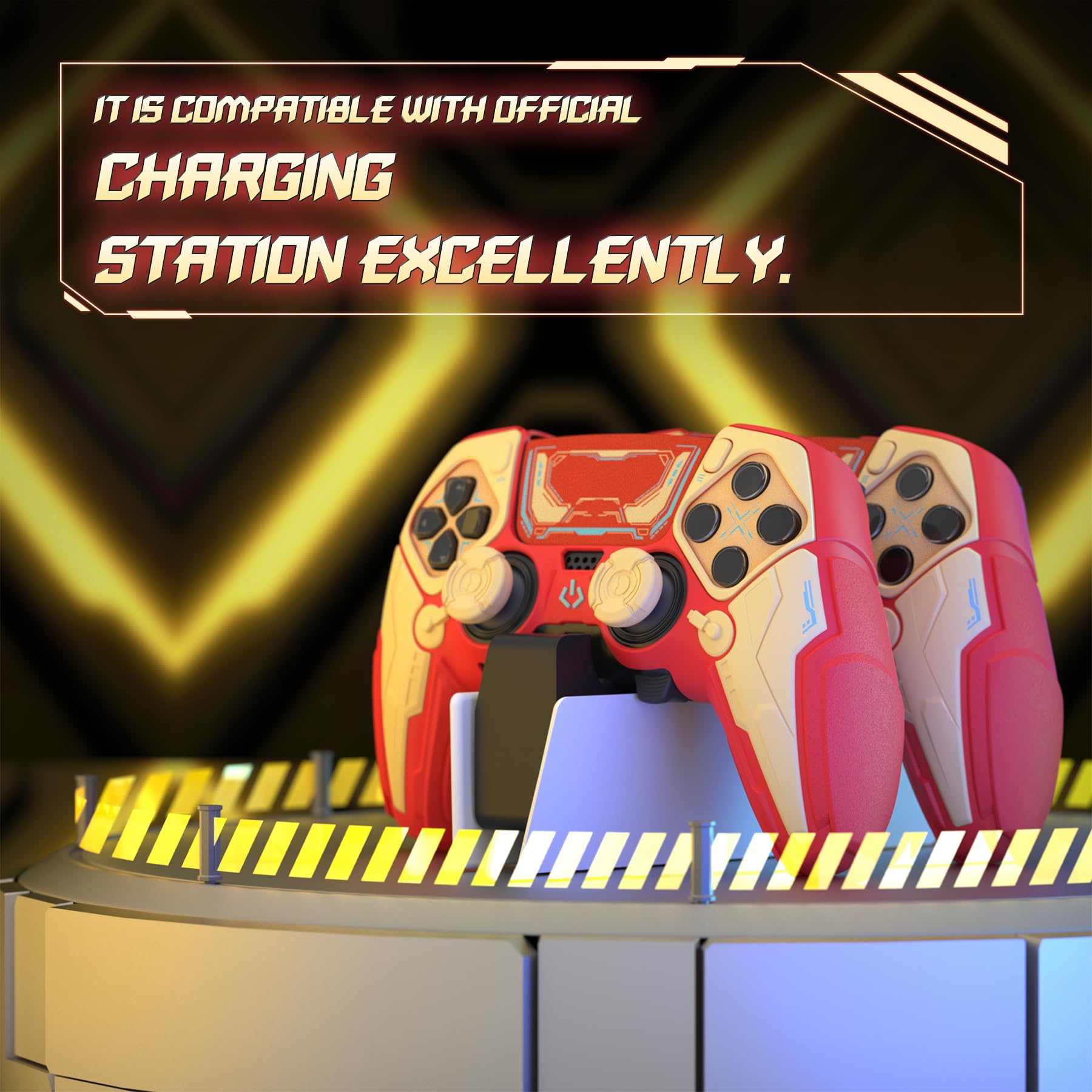PlayVital Funda de Silicona para ps5 Edge Mando - Carcasa Protectora Antideslizante con Tapas para Joystick y Pegatinas Decorativas - Stellar Mecha (Rojo Carmesí & Amarillo Hierro) - 3