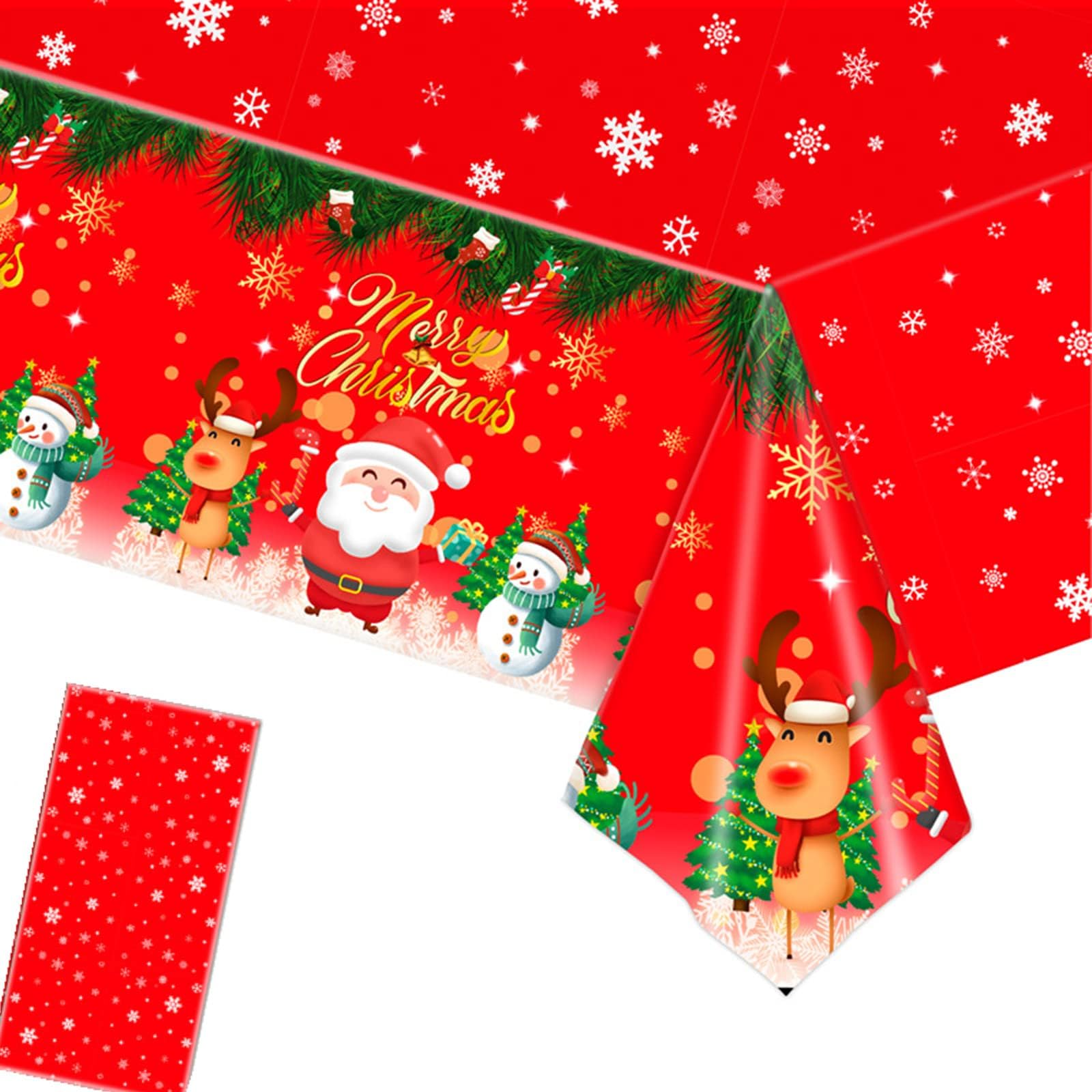 Christmas Tablecloth, 137*274cm Large Red Holly Santa Snowman Xmas Table Cover, Disposable Plastic Table Cloth for Winter Holiday Party Supplies and Decorations