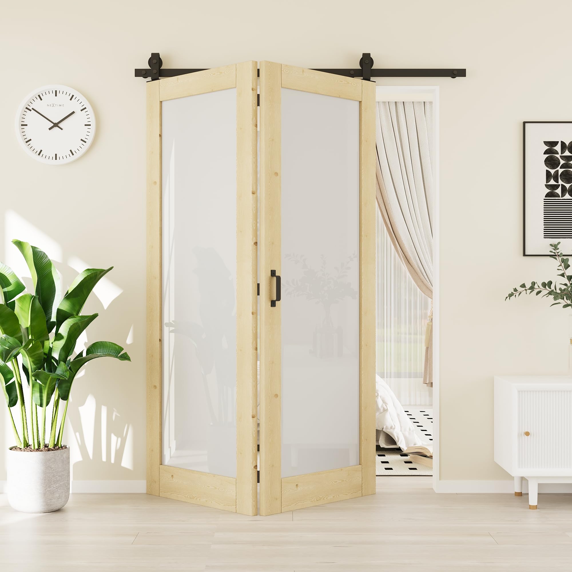 48"(24" x 2) x 80" 1-Lite Tempered Frosted Glass Bifold Barn Door